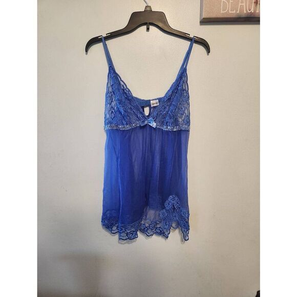 Vintage FREDERICKS OF HOLLYWOOD Babydoll Chemise Slip Sz 1X Blue Lace Sheer - Picture 1 of 4
